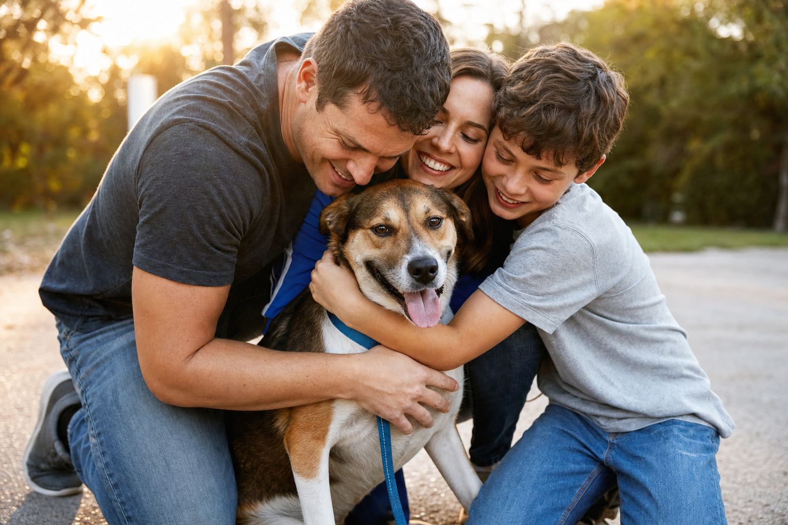 A family embracing their newly adopted rescue dog
