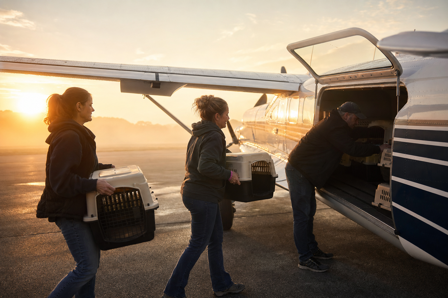 Volunteers carrying crates of animals to the plane at dawn