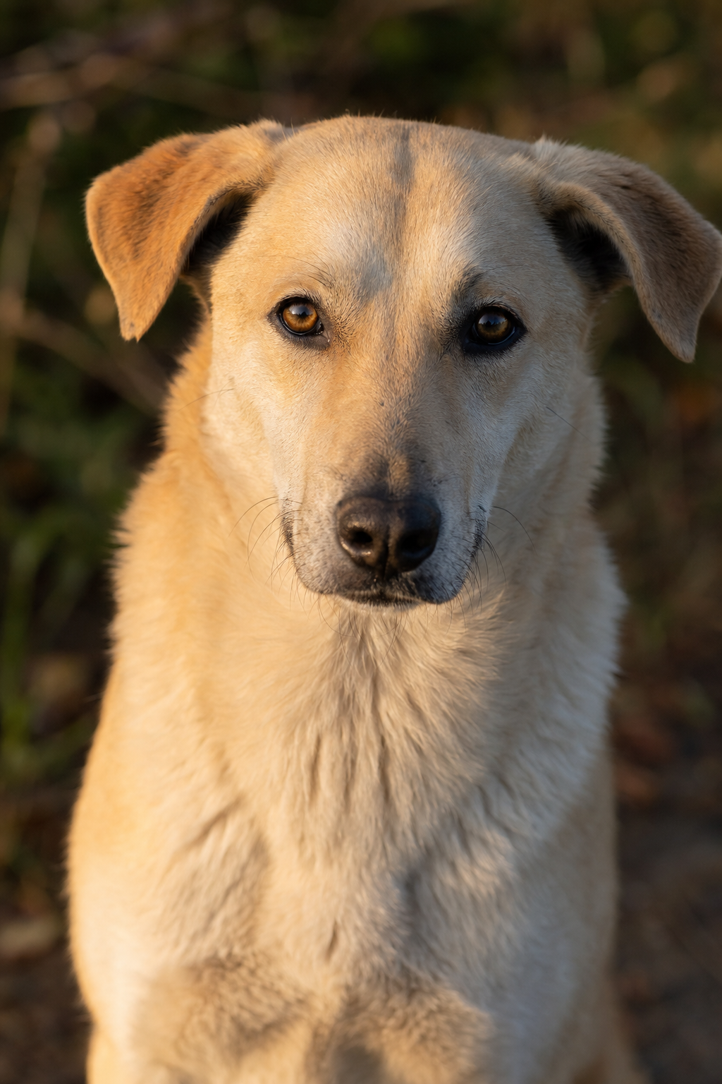 A calm rescue dog in warm evening light after landing