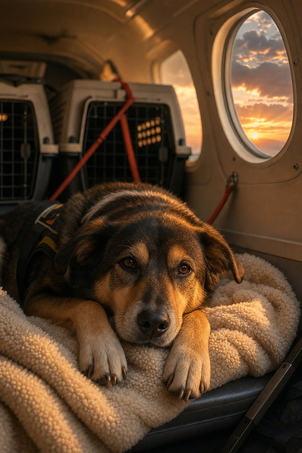 A calm rescue dog resting on a blanket in the warm cabin of the plane, secured travel crates behind and a sunset through the window